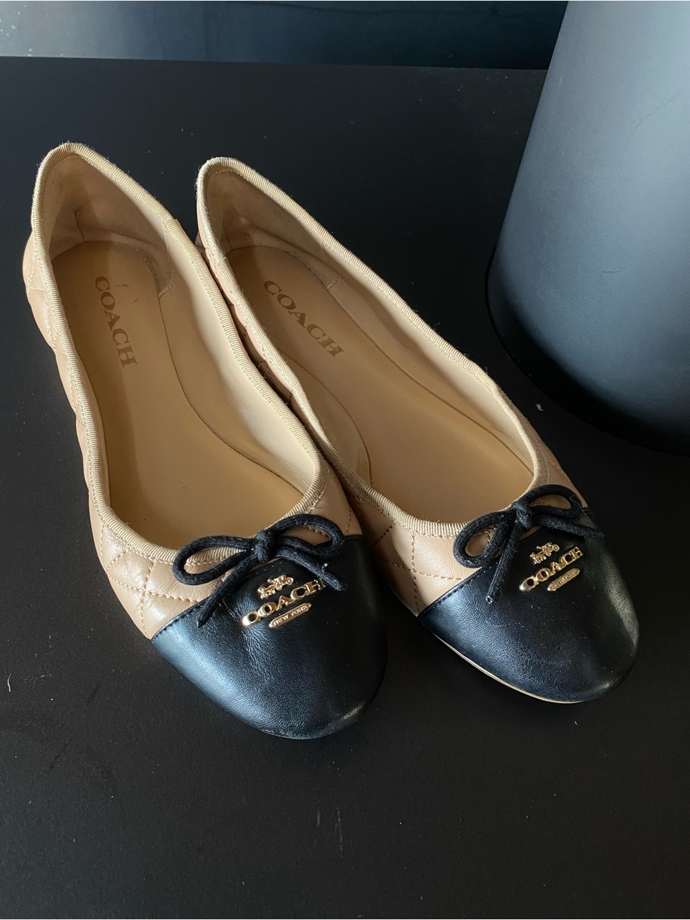 Coach Quilted Beige Leather Ballet Flats with Black Cap Toe